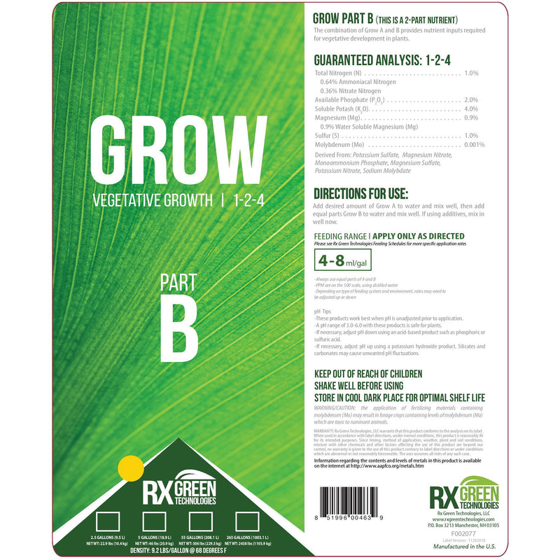 Grow Part b warning label, analysis, directions for use, and feeding range 