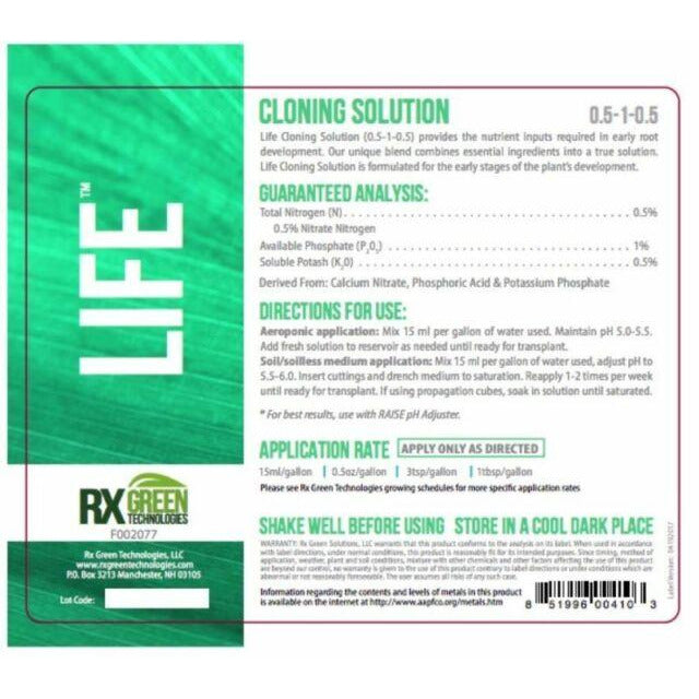 LIFE Cloning Mist back label with directions for use and warning caution