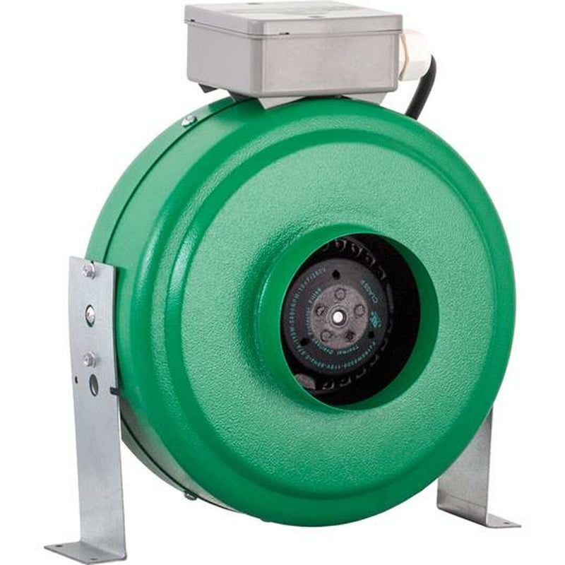 active air green inline duct fan on silver stand