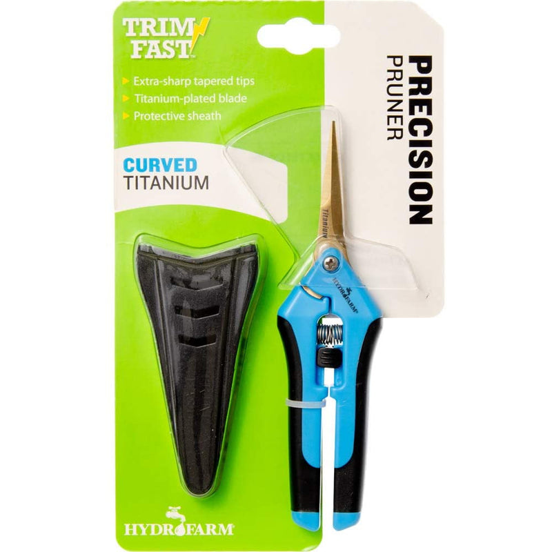 packaging of the curved titanium precision pruner in blue