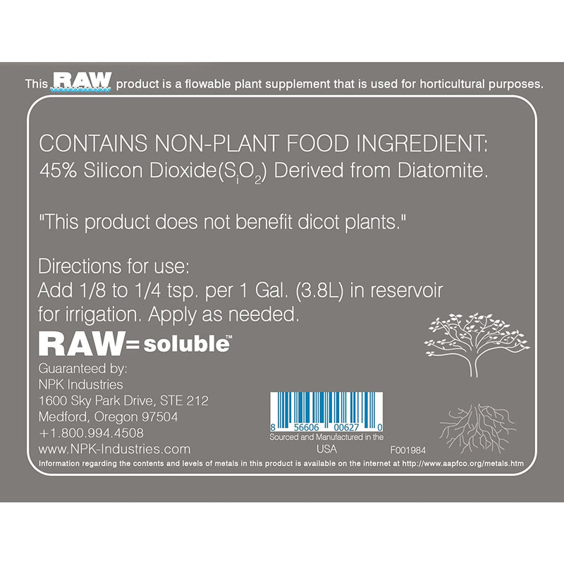 Raw soluble back label and directions for use