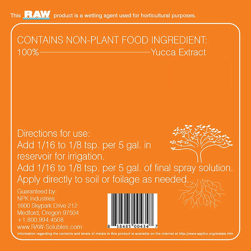 Back Label for Raw Non-Plant Food Ingredient Yucca Extract with Directions for Use