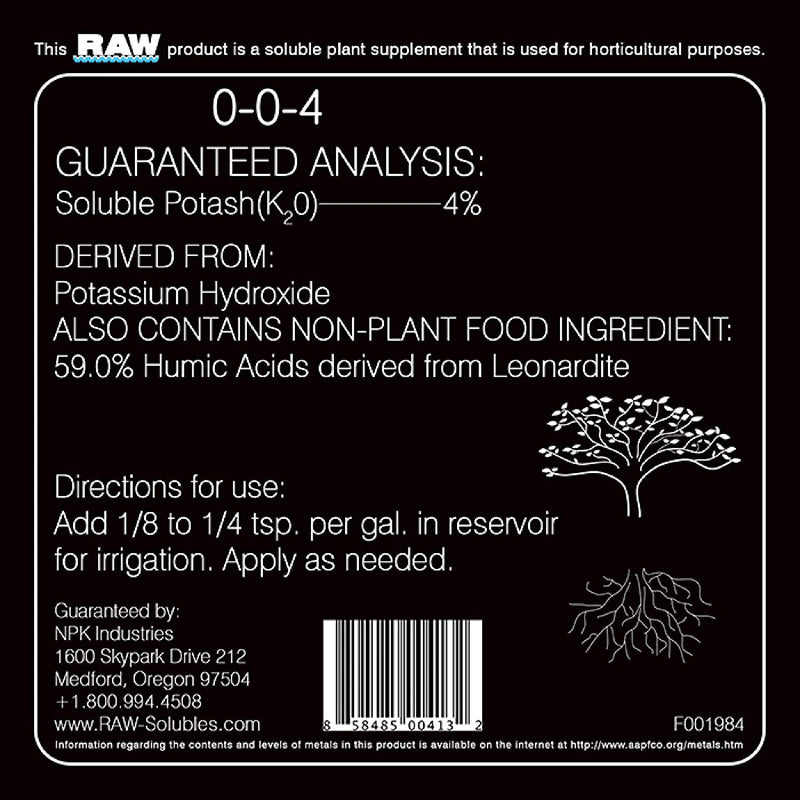 Raw Humic Acid back label and directions for use