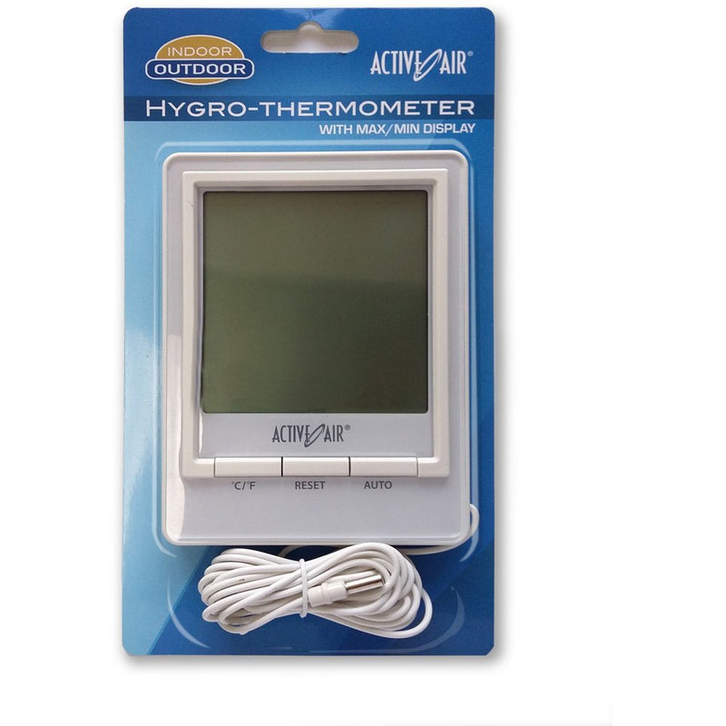Active Air Hygro-Thermometer front view of display and wired connection