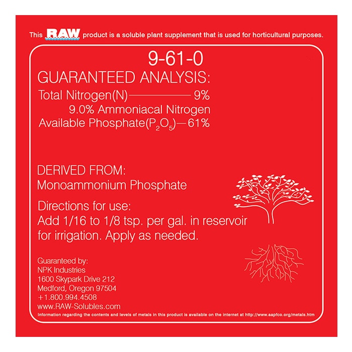 RAW Phosphorus Back Label with Directions for Use