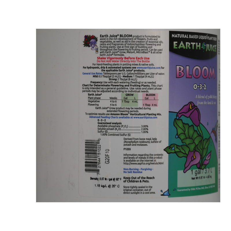 Earth Juice Bloom (1 Gallon): Natural Flower Booster Label