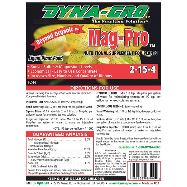 Mag pro plant food back label for directions for use and warning label